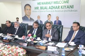 Minister of State for Finance & Revenue and Railways Bilal Azhar Kayani is addressing to the Lahore Chamber of Commerce & Industry