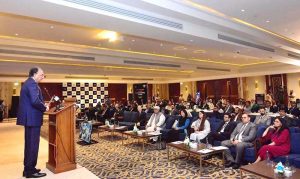 Federal Minister for Finance and Revenue, Senator Muhammad Aurangzeb, delivering the keynote address at the “High Level International Dialogue on Taxation for Fiscal Sustainability in Pakistan”, organised by the Asian Development Bank.