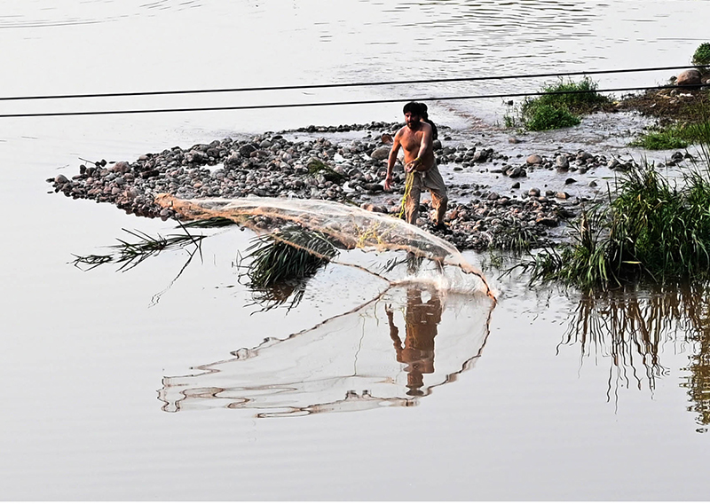 A man casts a fishing net into Rawal Lake