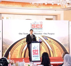 Acting President Syed Yousuf Raza Gilani addressing the Safari Club International, Pakistan Chapter’s International Conservation Fundraiser Gala Dinner 2026