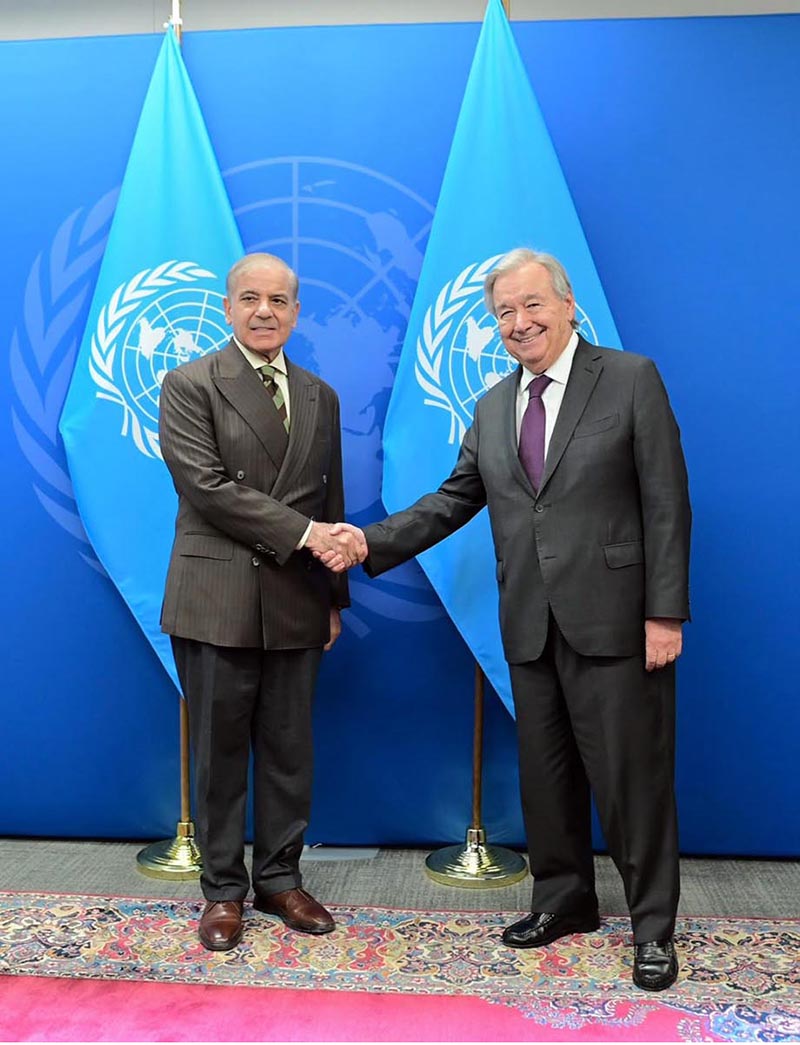Prime Minister Muhammad Shehbaz Sharif meets United Nations Secretary General António Guterres on the sidelines of the 81st session of the United Nations General Assembly
