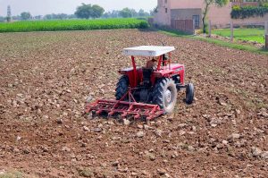 A farmer drives a tractor equipped with a cultivator through a field during land preparation for the next crop, as egrets forage behind the farm machinery