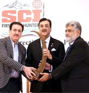 Acting President Syed Yousuf Raza Gilani giving away awards at the Safari Club International, Pakistan Chapter’s International Conservation Fundraiser Gala Dinner 2026
