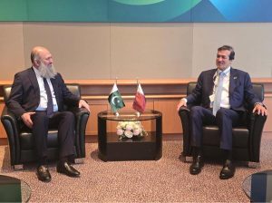 Federal Minister for Commerce Jam Kamal Khan in meeting with Qatar's Minister of State for Foreign Trade Affairs, Mr. Ahmad bin Mohammad Al Sayed, on the sidelines of the Belt and Road Summit