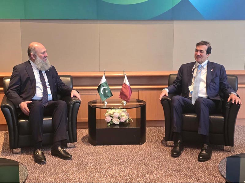 Federal Minister for Commerce Jam Kamal Khan in meeting with Qatar's Minister of State for Foreign Trade Affairs, Mr. Ahmad bin Mohammad Al Sayed, on the sidelines of the Belt and Road Summit