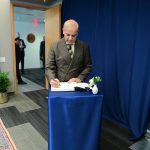 Prime Minister Muhammad Shehbaz Sharif writing his remarks in the visitors' book at the office of the United Nations Secretary-General. New York