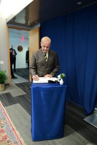 Prime Minister Muhammad Shehbaz Sharif writing his remarks in the visitors' book at the office of the United Nations Secretary-General. New York