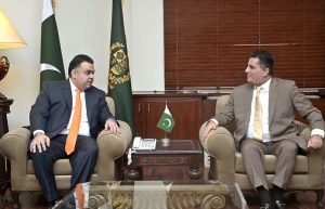 Syrian Ambassador to Pakistan Ramez Alraee shakes hands with Minister of State/Special Assistant to the Prime Minister on Digital Media Fahd Haroon at the PM’s Office.