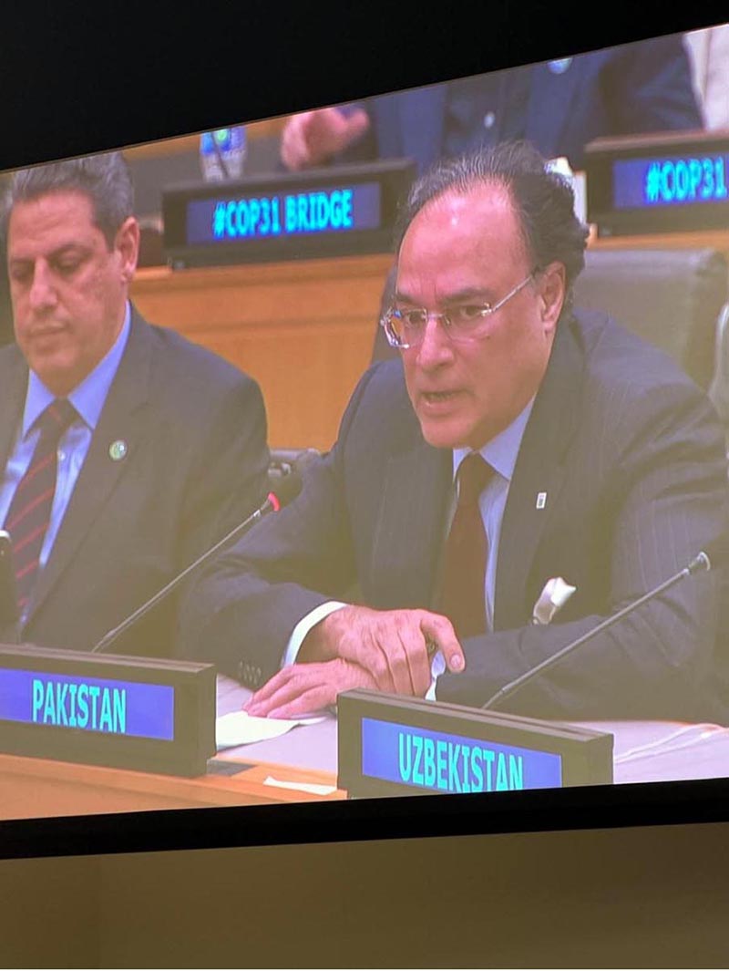 Federal Minister for Finance and Revenue, Senator Muhammad Aurangzeb, speaking at the high-level event on the Climate Implementation Bridge (BRIDGE) in New York, emphasizing that climate commitments must translate into tangible results for communities
