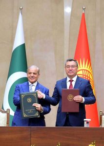 Prime Minister Muhammad Shehbaz Sharif and the President of Kyrgyzstan H.E. Sadyr Nurgozhoevich Japarov exchange a joint declaration after delegation level talks in Yntymak-Ordo.