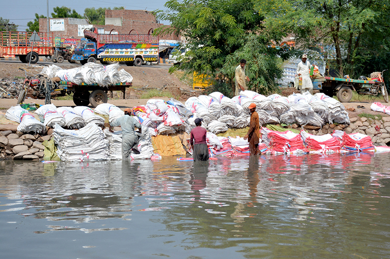Workers washing empty plastic bags in the canal for reuse