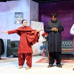 Artists performing in a Sindhi drama "Gumrah" presented jointly by the Arts Council of Pakistan Karachi and Larkana during the Sindh Theatre Festival 2026 at Z.A. Bhutto Open-Air Theatre Arts Council