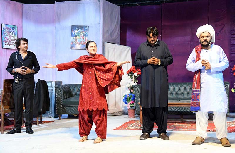 Artists performing in a Sindhi drama "Gumrah" presented jointly by the Arts Council of Pakistan Karachi and Larkana during the Sindh Theatre Festival 2026 at Z.A. Bhutto Open-Air Theatre Arts Council