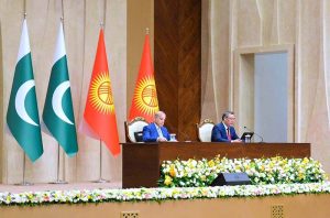 Prime Minister Muhammad Shehbaz Sharif and the President of Kyrgyzstan H.E. Sadyr Nurgozhoevich Japarov exchange a joint declaration after delegation level talks in Yntymak-Ordo.