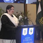 Justice Aalia Neelum, the Chief Justice of the Lahore High Court, addressing the audience at the National Conference on Judicial Wellbeing, "From Reform to Recognition: Building a Responsive District Judiciary," at the Supreme Court of Pakistan