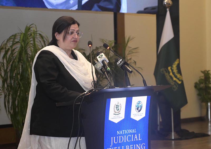 Justice Aalia Neelum, the Chief Justice of the Lahore High Court, addressing the audience at the National Conference on Judicial Wellbeing, "From Reform to Recognition: Building a Responsive District Judiciary," at the Supreme Court of Pakistan