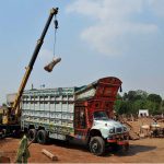 A crane being used to load a log onto a truck at Timber Market
