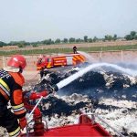Rescue 1122 firefighters are busy extinguishing a blaze after a pile of around 20 tons of cotton suddenly caught fire at Azam Cotton Factory due to unknown reasons at Yazman Road, 24-BC