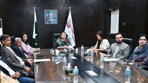 Acting Managing Director Associated Press of Pakistan, Sabeen Usman Khattak briefs Ms. Wang Gaofei, Deputy Director, International Communication Department, China News Service (CNS) about the professional working and news services of the news agency, at the APP Headquarters