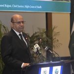 Justice Zafar Ahmed Rajput, Chief Justice of the Sindh High Court, addressing the audience at the National Conference on Judicial Wellbeing, "From Reform to Recognition: Building a Responsive District Judiciary," at the Supreme Court of Pakistan