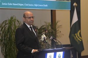 Justice Zafar Ahmed Rajput, Chief Justice of the Sindh High Court, addressing the audience at the National Conference on Judicial Wellbeing, "From Reform to Recognition: Building a Responsive District Judiciary," at the Supreme Court of Pakistan