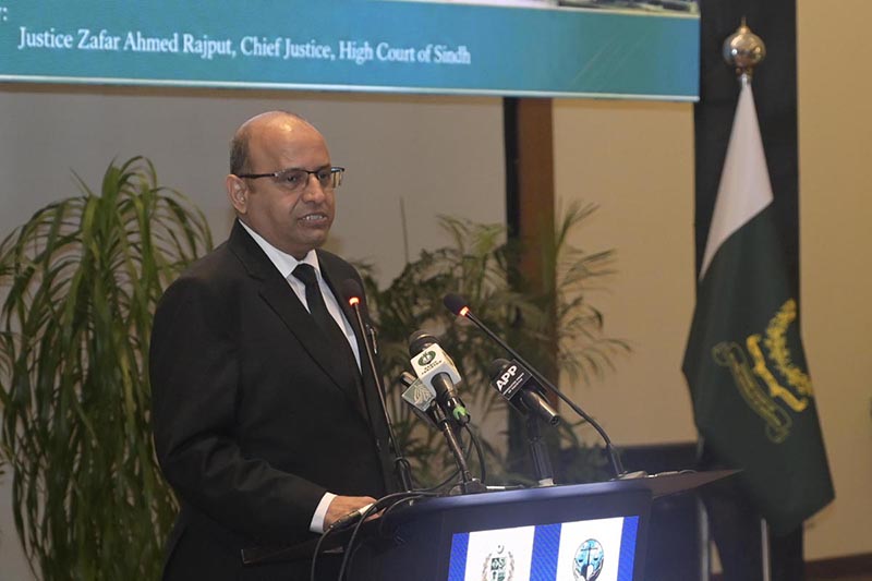 Justice Zafar Ahmed Rajput, Chief Justice of the Sindh High Court, addressing the audience at the National Conference on Judicial Wellbeing, "From Reform to Recognition: Building a Responsive District Judiciary," at the Supreme Court of Pakistan