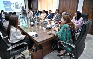 Acting Managing Director Associated Press of Pakistan, Sabeen Usman Khattak briefs Ms. Wang Gaofei, Deputy Director, International Communication Department, China News Service (CNS) about the professional working and news services of the news agency, at the APP Headquarters