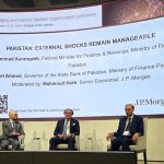 Federal Minister for Finance and Revenue, Senator Muhammad Aurangzeb, addressing the "Fireside Chat: Pakistan: External Shocks Remain Manageable" at the J.P. Morgan Emerging and Frontier Markets Opportunities Conference in London, along with Governor State Bank of Pakistan, Mr. Jameel Ahmad, highlighting Pakistan's transition from stabilisation to investment, capital formation and private sector-led growth