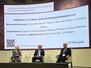 Federal Minister for Finance and Revenue, Senator Muhammad Aurangzeb, addressing the "Fireside Chat: Pakistan: External Shocks Remain Manageable" at the J.P. Morgan Emerging and Frontier Markets Opportunities Conference in London, along with Governor State Bank of Pakistan, Mr. Jameel Ahmad, highlighting Pakistan's transition from stabilisation to investment, capital formation and private sector-led growth