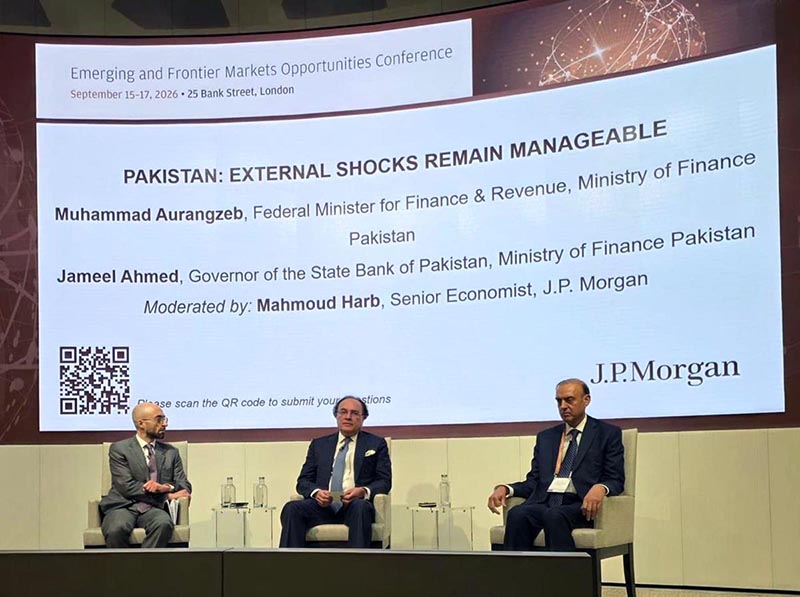 Federal Minister for Finance and Revenue, Senator Muhammad Aurangzeb, addressing the "Fireside Chat: Pakistan: External Shocks Remain Manageable" at the J.P. Morgan Emerging and Frontier Markets Opportunities Conference in London, along with Governor State Bank of Pakistan, Mr. Jameel Ahmad, highlighting Pakistan's transition from stabilisation to investment, capital formation and private sector-led growth