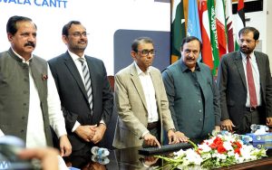 Federal Minister for Education and Professional Training Dr. Khalid Maqbool Siddiqui presses a button to formally announce the results of the HSSC Part-I and Part-II First Annual Examination 2026 during the result declaration ceremony at the FBISE Auditorium.