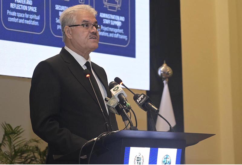 Justice Syed Muhammad Attique Shah, Chief Justice of the Peshawar High Court, addressing the audience at the National Conference on Judicial Wellbeing, "From Reform to Recognition: Building a Responsive District Judiciary," at the Supreme Court of Pakistan