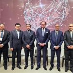 Federal Minister for Finance and Revenue, Senator Muhammad Aurangzeb, along with Governor State Bank of Pakistan, Mr. Jameel Ahmad, and members of the Pakistani delegation, in a group photo during the J.P. Morgan Emerging and Frontier Markets Opportunities Conference in London