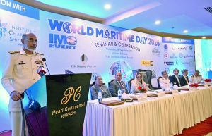 Vice Admiral Abdul Munib, HI(M), S Bt, Commander Pakistan Fleet (ComPak), is addressing the inaugural session of the seminar and celebration during World Maritime Day 2026, themed "From Policy to Practice: Powering Maritime Excellence." The Nautical Institute – Pakistan Branch is organizing an event to commemorate World Maritime Day 2026