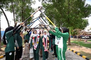 Gymnasts from the Sargodha Gymnastics Club demonstrate their skills during a ceremony honoring hockey players Maha Ramzan and Zaleera Sadaf, represented Pakistan’s Under-21 national team in China and Oman, at the Astroturf Hockey Stadium. The event was organized by the Sports Department and Fatima Women Hockey Club.