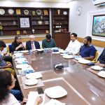 Federal Minister for Board of Investment Qaiser Ahmed Sheikh in a meeting with Karachi Press Club President Fazil Jamili and Secretary Aslam Khan and others at Karachi Press Club on Saturday