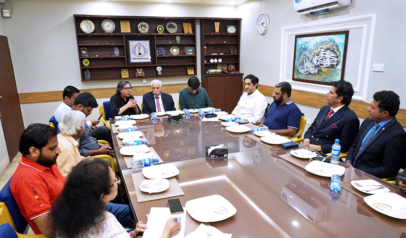 Federal Minister for Board of Investment Qaiser Ahmed Sheikh in a meeting with Karachi Press Club President Fazil Jamili and Secretary Aslam Khan and others at Karachi Press Club on Saturday