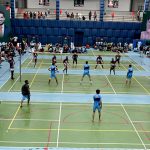 Players in action during volleyball match between Faisalabad and D.G Khan Volley ball teams during Pak-China Friendship Games to celebrate 75 years of diplomatic ties between Pakistan and China at multiple venues of the Nishtar Park Sports Complex