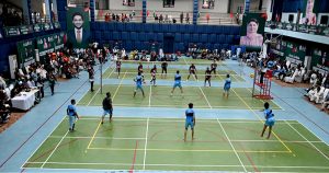 Players in action during volleyball match between Faisalabad and D.G Khan Volley ball teams during Pak-China Friendship Games to celebrate 75 years of diplomatic ties between Pakistan and China at multiple venues of the Nishtar Park Sports Complex