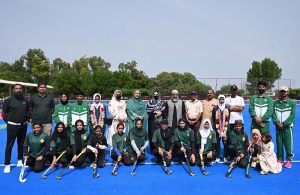 Gymnasts from the Sargodha Gymnastics Club demonstrate their skills during a ceremony honoring hockey players Maha Ramzan and Zaleera Sadaf, represented Pakistan’s Under-21 national team in China and Oman, at the Astroturf Hockey Stadium. The event was organized by the Sports Department and Fatima Women Hockey Club.
