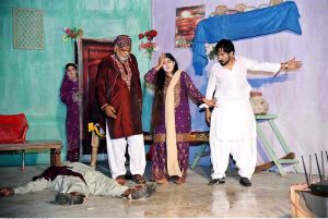 Artists perform in the Sindhi drama “Mandi Jin Jay Mann Main” during the Sindh Theatre Festival 2026 at the Z.A. Bhutto Open-Air Theatre, Arts Council Larkana.