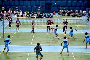 Players in action during volleyball match between Faisalabad and D.G Khan Volley ball teams during Pak-China Friendship Games to celebrate 75 years of diplomatic ties between Pakistan and China at multiple venues of the Nishtar Park Sports Complex