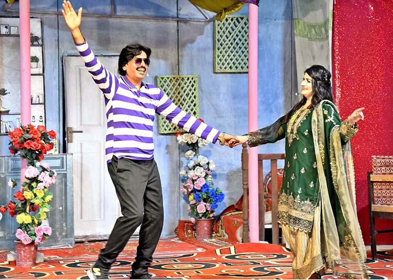 Artists performing in a Sindhi drama "Jani Kan Jiyas" presented jointly by the Arts Council of Pakistan Karachi and Larkana during the closing ceremony of Sindh Theatre Festival 2026 at Z.A. Bhutto Open-Air Theatre Arts Council Larkana