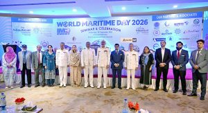 Chief Guest Vice Admiral Abdul Munib HI(M) S Bt Commander Pakistan Fleet (ComPak) in a group photograph with DG PID Karachi Ms. Iram Tanveer Odho and others during the inaugural session of the seminar & celebration World Maritime Day–2026