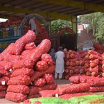 Labourers unload heavy sacks of onions from a delivery truck at the city’s vegetable market, reflecting the hectic activity involved in the daily supply of fresh produce