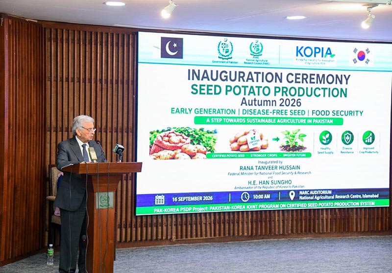 Federal Minister for National Food Security & Research, Rana Tanveer Hussain, addressing the inauguration ceremony of the Potato Seed Production Program at NARC