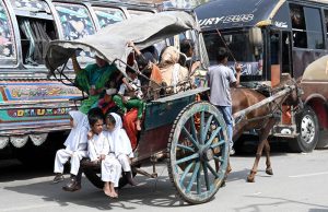 A family travels in a horse-drawn carriage near Bibi Pak Daman as rising fuel prices and transport costs prompt people to seek more affordable means of travel.