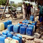 People fill water containers after breaking a government water-supply pipeline in Korangi, highlighting the persistent challenges faced by residents in accessing a reliable supply of potable water. The incident reflects growing public frustration over water shortages and the need for effective measures to ensure uninterrupted water distribution in densely populated areas of the city