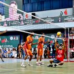 Players in action during volleyball match between Gujranwala and Lahore Volley ball teams during Pak-China Friendship Games to celebrate 75 years of diplomatic ties between Pakistan and China at multiple venues of the Nishtar Park Sports Complex