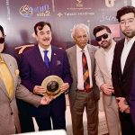 Renowned businessman Hamza Tabani presents a commemorative shield to Chairman Senate Syed Yousaf Raza Gilani during a luncheon hosted by Hamza Tabani in honour of Chairman Senate Syed Yousaf Raza Gilani and Sindh Governor Nehal Hashmi